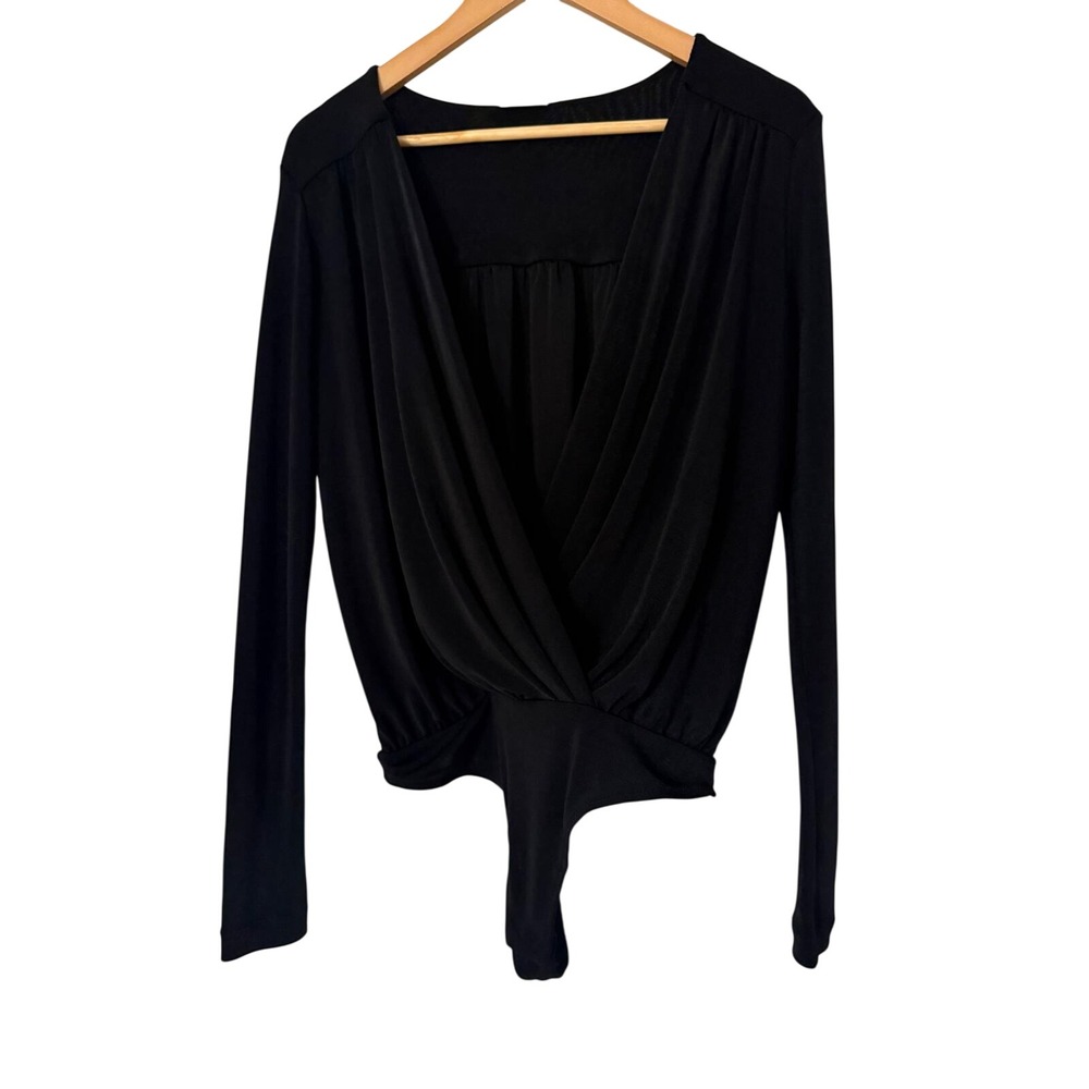 Free People Intimately Turnt Bodysuit Black S Small Wrap Plunge Long Sleeve Top